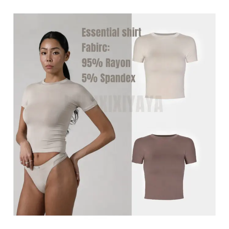 Luluxixiyaya marka müşteri isteği 240gsm Rayon Spandex kısa kollu Fit vücut hattı kırpma kadın T shirt yüksek kalite