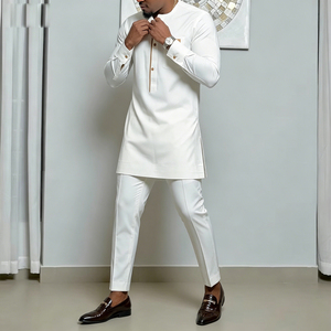 Ensemble Kaftan Blanc <span class=keywords><strong>Moderne</strong></span> pour Hommes Africains, 2 Pièces, Tunique à Manches Longues et Pantalon pour Usage Quotidien, Aïd, Ramadan et Événements Décontractés - Product Image 5