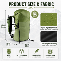 Sac à dos de randonnée imperméable et confortable de 40L avec fermeture roll-top pour la vente en gros