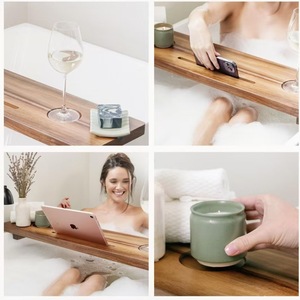 Plateau de baignoire en bois d'acacia et de noyer, grand support de salle de bain pour téléphone et tablette, style moderne et minimaliste - Product Image 3