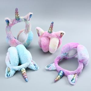 Couvre-oreilles <span class=keywords><strong>licorne</strong></span> pliables en peluche, doux, portables, colorés, dessin animé, protection contre le froid hivernal pour femmes et enfants - Product Image 3