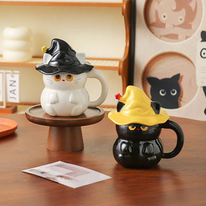 <span class=keywords><strong>Taza</strong></span> de Agua con Diseño de Gato y Sombrero Mágico, <span class=keywords><strong>Taza</strong></span> de Cerámica Desechable Creativa para Parejas con Tapa, Regalo de Halloween, Diseño de Dibujos Animados - Product Image 1