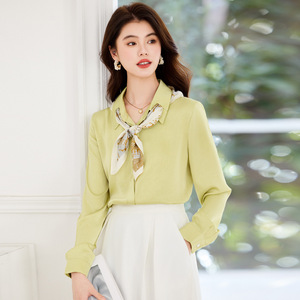 Women's White Long Sleeve Shirt With Silk Scarf Button Down Work Blouse Solid Color Polyester Fabric - Product Image 2
