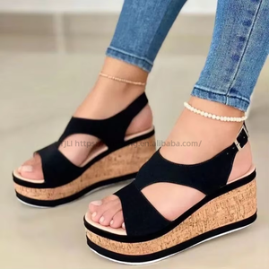 Summer Fashion Women's Wedge High Heel Sandals Round Toe Black Platform <b>Open</b> Sandals - Product Image 4