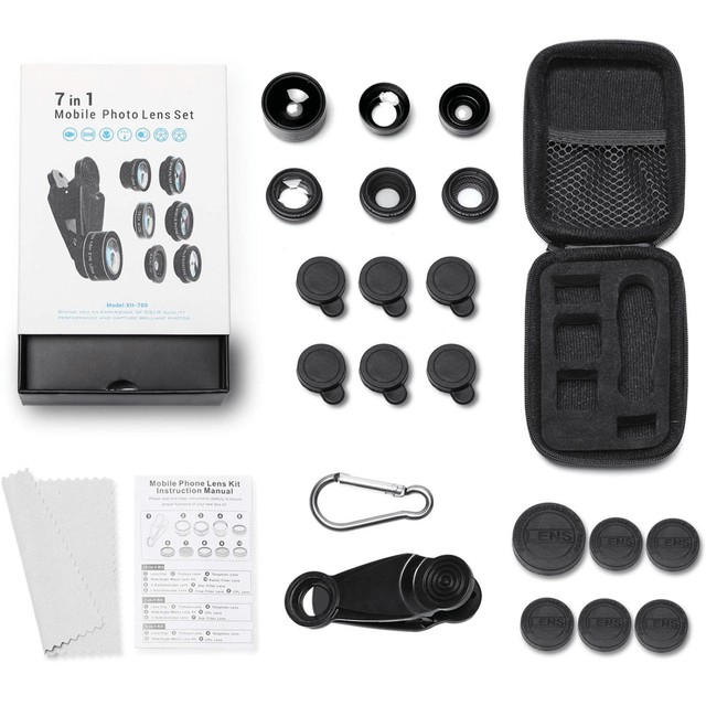 7 in 1 Clip-on High Quality Cell Phone Lenses Zoom 15x Macro Wide Angle Fish Eye Camera Mobile Phone Lens