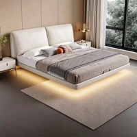 Minimalistisches Weißes Schwebendes Bett aus Weichleder mit Bewegungssensor-LED-Beleuchtung Modernes Gepolstertes Bettgestell für Hauptschlafzimmer
