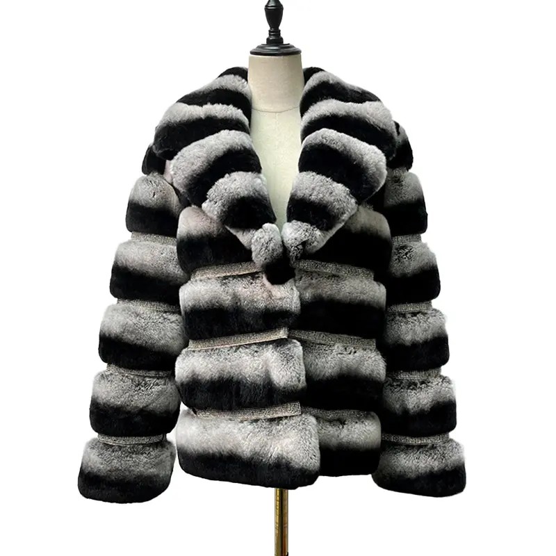 Jancoco Winter Warm Turn Down Collar Chinchilla Fur Jacket Real Rex Rabbit Fur Coat for Women