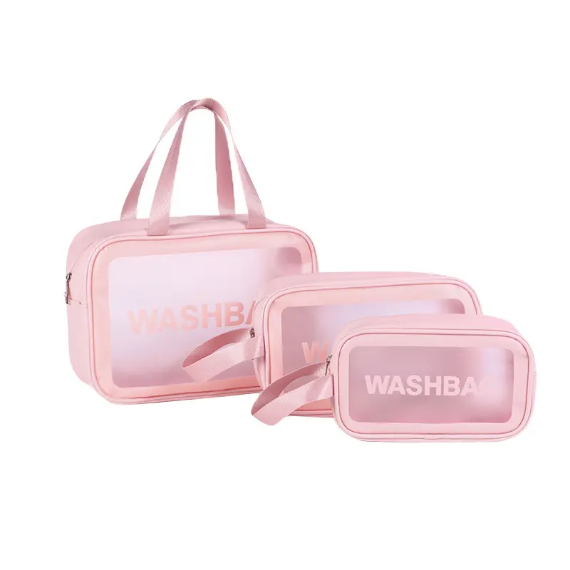 Venta al por mayor de maquillaje personalizado CAS barato viajar transparente Rosa maquillaje bolsa conjunto de mujeres cremallera impermeable PVC transparente bolsas de cosméticos