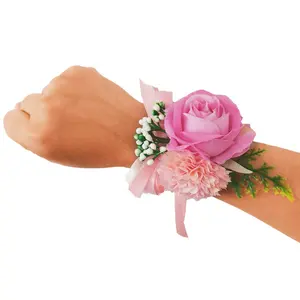 Braccialetti con corpetto rosa da polso rosa da ragazza braccialetti con perle da damigella d'onore fiori a mano da donna per corpetto da ballo per feste di matrimonio