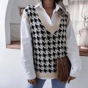 Chaleco de punto para mujer, otoño-invierno, diseño pata de gallo, sin mangas, corte holgado, <span class=keywords><strong>cuello</strong></span> en V, ribete acanalado, borde ancho, cómodo, suave, informal - Product Image 1