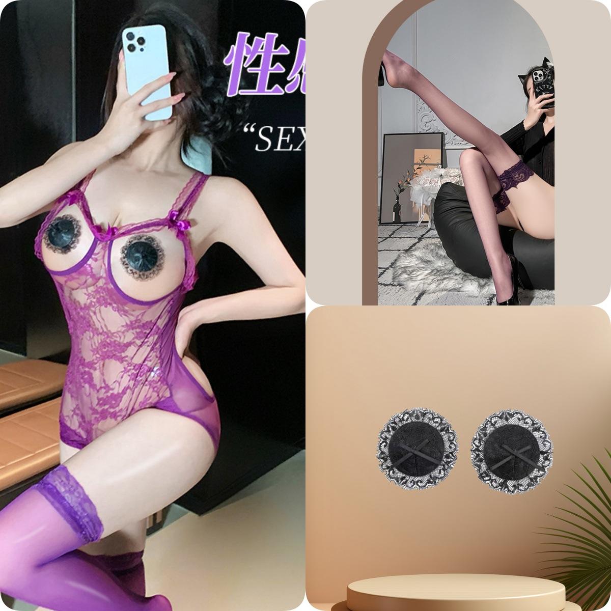 Purple jumpsuit + nipple covers + purple stockings