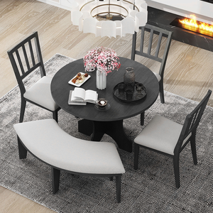 5-piece Modern Round Wood Dining Set with 3 <b>Upholstered</b> <b>Chairs</b> and Curved Bench for Dining Room - Product Image 1