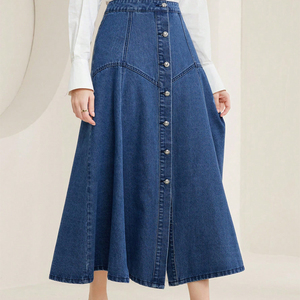 Jupe longue en <span class=keywords><strong>jean</strong></span> décontractée bleue pour <span class=keywords><strong>femme</strong></span>, nouveau style, coupe trapèze, boutonnée sur le devant, ourlet évasé, vente en gros - Product Image 6