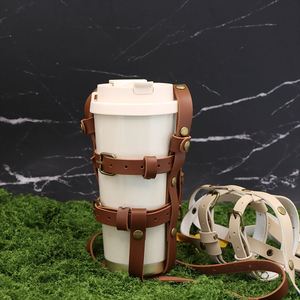 Porte-bouteille d'eau réglable en similicuir, sac bandoulière vintage pour bouteille d'eau, pochette double ceinture pour gobelet - Product Image 1