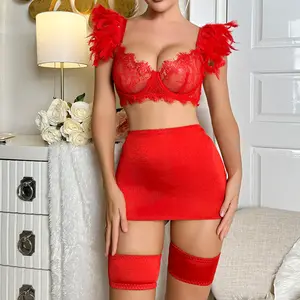 Wholesale New Sexy Four-Piece Lingerie Set in Fabric with Lace Embroidery Includes Thong Shaper Bra Panties Valentine's Day