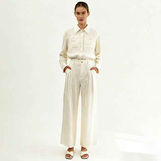 Women One Set Two-Piece Formal Long Sleeve Shirt High Waist Wide Leg Pants Elegant White Outfit Summer Fashion Matching Set