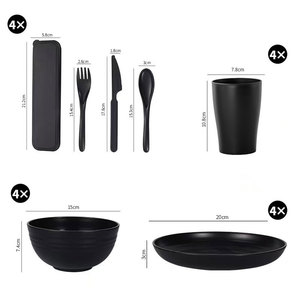 Black 28-Piece Tableware <b>Set</b> With Bowl Plate <b>Cup</b> Cutlery Portable For Picnic Outdoor Use - Product Image 1