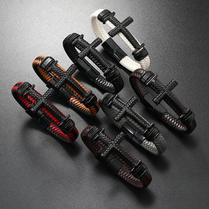 Hot-Selling Bohemian Retro Style Men's Woven Bangles High Quality Real <b>Leather</b> Cross Design Jewelry for Gift - Product Image 1
