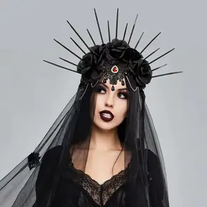 Fascia per capelli con fiori gotici Halloween cerchietto per capelli cosplay accessori decorativi Halloween nero velo fascia