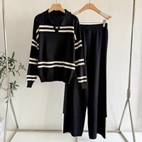 Sweater rajut wanita, kerah garis-garis kontras kasual longgar dan serbaguna gaya malas setelan rajutan