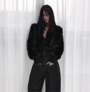 Cappotto Corto Nero di Prima Qualità con Collo alla Coreana in Finta <span class=keywords><strong>Pelliccia</strong></span> Spessa Tessuta e Cerniera per Donne Petite Invernale - Product Image 5