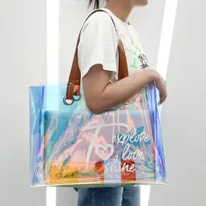 Tas Tangan PVC Pelangi Fashion Besar 2023 Tas Jinjing Warna-warni Hologram dengan Pegangan untuk Olahraga Pantai