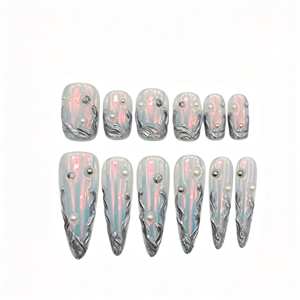 Unghie Finte Asimmetriche Fatte a Mano, Corte Quadrate e Lunghe Appuntite, Effetto Gelatina Nude Aurora Sirena, Nail Art Stile Y2K con Stelle - Product Image 1