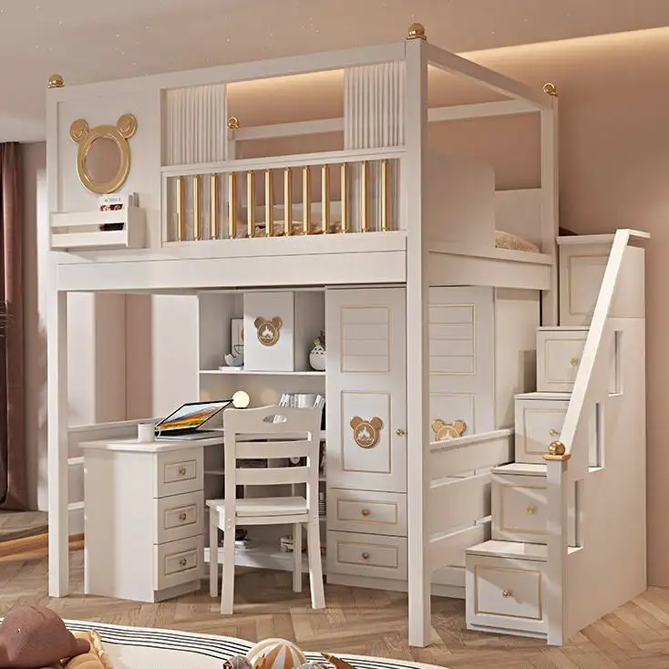 أثاث غرفة نوم خشبية بتصميم حديث للأطفال طقم سرير بطابقين للأطفال سرير بطابقين للأطفال مع خزانة سلم للتخزين