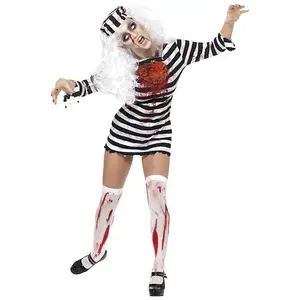 Cadılar bayramı kadın siyah beyaz şerit zombi mahkum kostüm HCAD-016