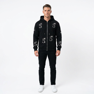 SAAR INDUSTRIES Sweat-shirt à capuche noir personnalisé avec fermeture éclair, imprimé numéro 5 en strass argentés, coupe oversize, en coton épais 100% délavé à l'acide - Product Image 1