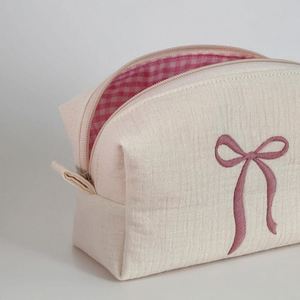Custom Bow Embroidery Eco-Friendly Cotton Makeup Bags Travel Zipper for Bag Women for Gingham Inner <b>Cosmetic</b> <b>Organizer</b> - Product Image 4