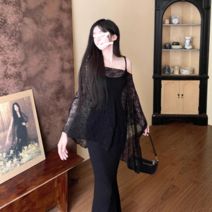 Sexy Black Lace Trimmed V Neck Long Sleeve Dress Natural Waist A Line Skirt Leisure Wear Mesh Fashion Eco Friendly - Product Image 2