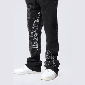 Pantalones de chándal casuales de algodón y poliéster con efecto desgastado, estilo vintage, con pedrería y lavado ácido, de forro polar negro apilado para streetwear. - Product Image 6