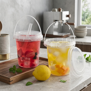 Disposable Fruit Tea Bucket Large Capacity 500ml 700ml 1000m <b>Plastic</b> <b>Drinking</b> Buckets With Lids with Handles - Product Image 1