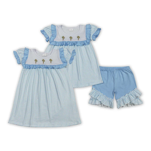 Ropa Infantil al por Mayor de Fábrica, Vestidos a Cuadros Azules con Bordado Cruzado para Niñas, Ropa de Pascua para Hermanas - Product Image 1