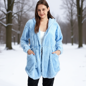 เสื้อโค้ทขนสัตว์เทียมมีฮู้ด แขนยาว มีเข็มขัด กระเป๋าเสื้อ สำหรับฤดูหนาว สไตล์ลำลอง เสื้อคลุมผู้หญิง ผ้าฟลีซหนานุ่ม ถักทอสีพื้น แขนยาวเต็มตัว - Product Image 2