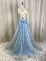 Gaun Malam Dusty Blue Model A-Line dengan Bordir Bunga 3D, Payet, Manik-manik, Kristal, Hot Fix Rhinestone, Tulle, Gaun Formal untuk Prom