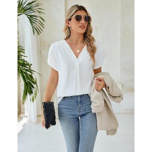 Blusa de gasa para mujer, blusa blanca con cuello en V, manga corta, informal, para el trabajo, transpirable, conjunto de verano 2024 - Product Image 5