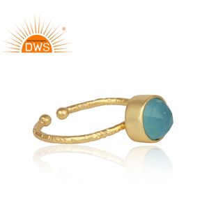 Round Aqua Chalcedony Gemstone Ring Texture Finish Gold Plated Sterling Silver Girls Ring Jewelry Manufacturer - Product Image 3