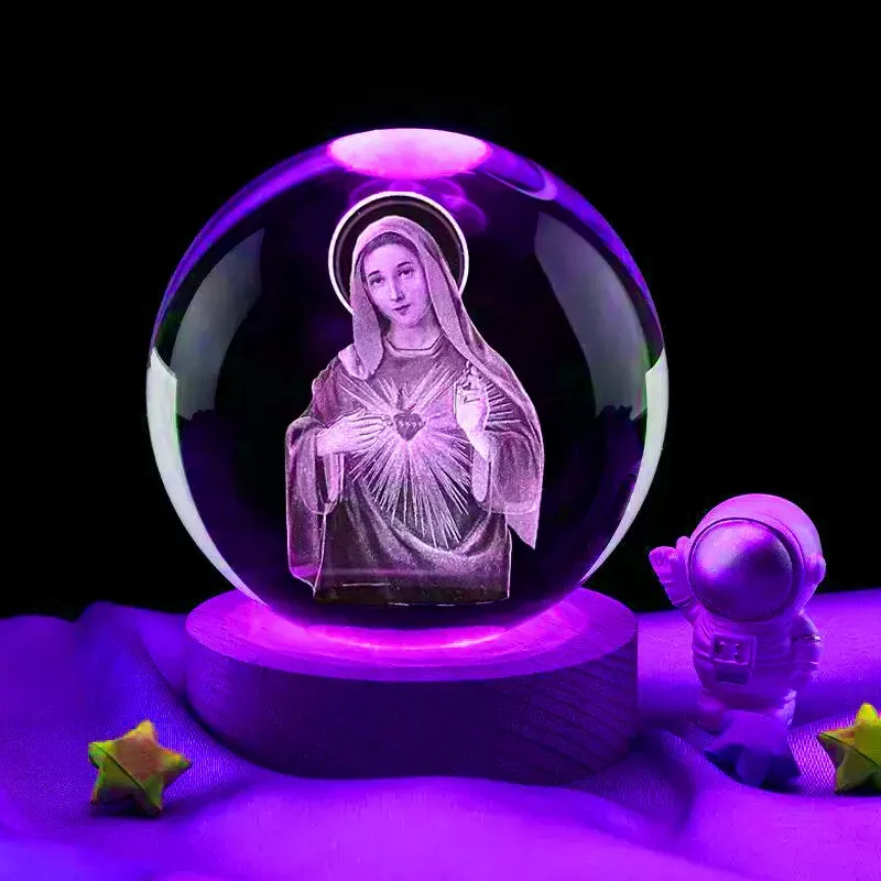 Honor of crystal 3D Virgen María Grabado láser Bola de cristal Base Led con rotativo para regalos religiosos