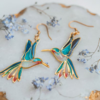 Boucles d'oreilles colibri de design tendance, vintage, émail coloré, charme d'oiseau, fête pour femmes, élégantes, plaquées argent et or, bijoux