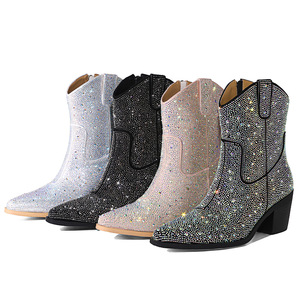 SHIKOL, botas vaqueras para mujer, zapatos de mujer, <span class=keywords><strong>botines</strong></span> de gamuza para mujer, botas de moda de media pantorrilla para fiesta de boda, botas negras con diamantes de imitación <span class=keywords><strong>plateados</strong></span> - Product Image 1
