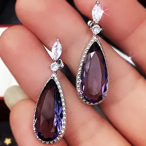 Yiwu supplier European American classic micro-inset purple zircon long water drop earrings for female brides banquet accessories