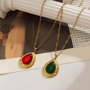 Stainless Steel <b>Necklace</b> Water Drop Shape <b>Ruby</b> And Emerald Bezel Setting 18k Gold Plated Adjustable For Women - Product Image 1