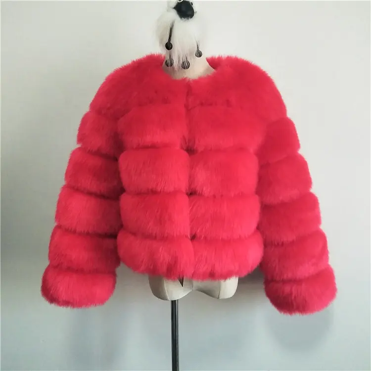 แฟชั่นฤดูหนาวผู้หญิงอบอุ่นสีแดงFoxขนสัตว์แขนยาวFaux Fur Coat