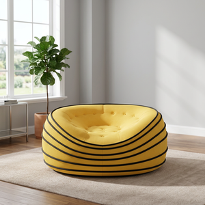 Fauteuil pouf capitonné jaune moderne, design contemporain, en tissu microfibre, mobilier de salon, style assise confortable - Product Image 2