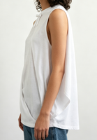 Débardeur blanc uni pour femme à col rond avec nœud frontal, épaules fendues, drapé, coupe ample, sans manches, style décontracté unique