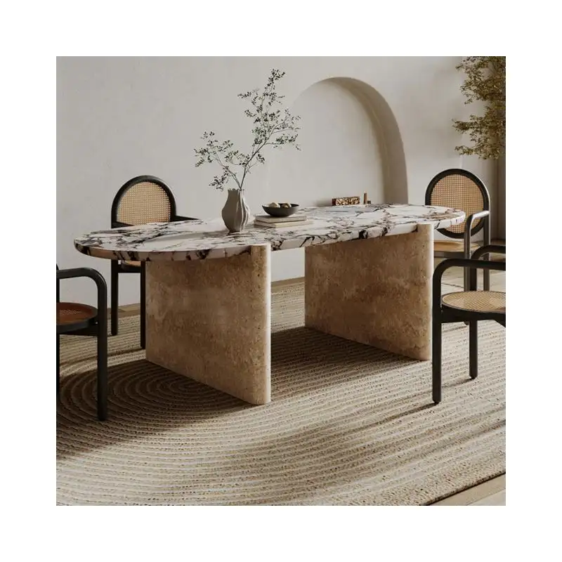 Conjunto de mesa de jantar em travertino oval natural moderno Shihui, novo estilo personalizado de luxo, móveis para sala de jantar em mármore