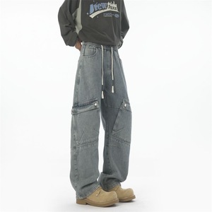 กางเกงยีนส์ทรงหลวมสไตล์อเมริกัน ฮิปฮอป ขาบาน จีบระบาย เอวยางยืด แต่งหมุด ลุคเท่ๆ สำหรับผู้ชาย - Product Image 1