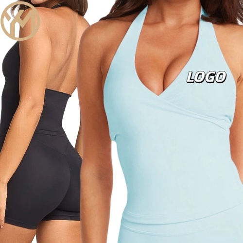Yimo Women Nude Feeling Cross Gather Workout Shirt Female Sleeveless High Stretch Yoga Top Lady Backless V Neck Running T-shirt